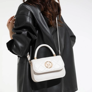 White quilted square tote bag with gold M buckle and chain strap for women