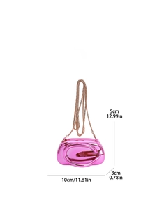 Glossy pink metallic mini shoulder bag with gold chain and detailed size measurements