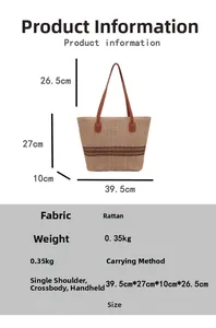 Detailed dimension chart of woven straw tote bag with brown lace trim and measurements