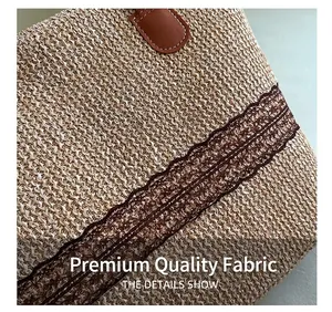 Detailed close-up of straw woven tote with dark brown lace trim and leather handle seams
