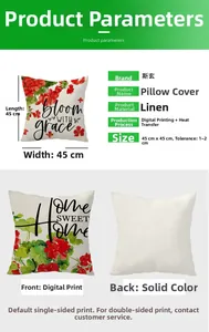 Linen pillowcase detail showing 45x45cm dimensions and digital floral printing