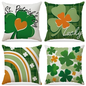 Set of 4 St. Patrick's Day green clover and lucky text print linen throw pillow covers