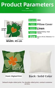 Detail of St. Patrick's Day pillow case showing linen texture and green clover print