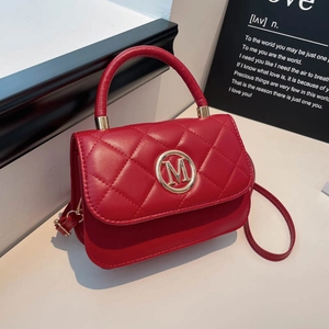 Women Quilted PU Leather Small Square Shoulder Bag Fashion M Logo Contrast Splicing Crossbody Handbag For Daily Party