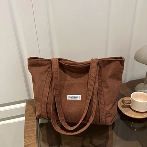 Women Corduroy Tote Bag Large Capacity Shoulder Bag Casual Vintage Striped Shopping Handbag With Letter Patch