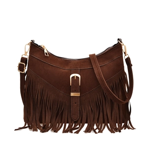 Brown faux suede tassel tote bag with golden metal buckle and crossbody strap detail