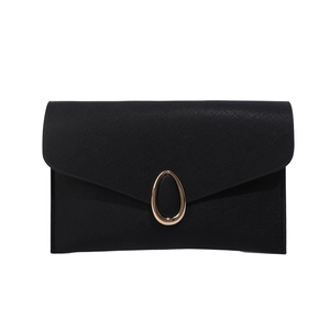 Elegant black Saffiano leather envelope clutch with a central golden oval metal clasp