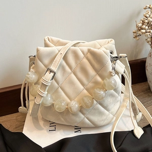 Sac Seau Matelassé pour Femmes Poignée Perlée Élégant Cuir PU Cordon de Serrage Épaule Bandoulière Motif Losange Mode