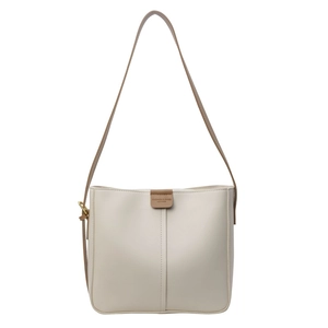 Borsa a secchiello minimalista bianco crema con dettagli in pelle marrone e tracolla