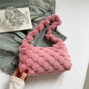 Plush Faux Fur Shoulder Bag Bubble Texture 3D Woven Underarm Tote Winter Casual Fashion For Women
