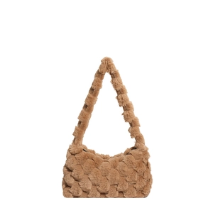 Caramel brown plush shoulder bag with textured woven faux fur for autumn winter fashion