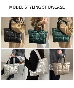 Close-up of quilted puffer tote bags in black, green, silver, and gold metallic finishes