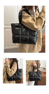 Multiple views of a black quilted tote bag shown with a stylish trench coat