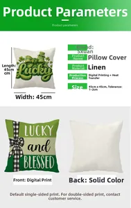 Linen St. Patrick's Day pillowcase detail with Lucky clover print and 45x45cm dimensions