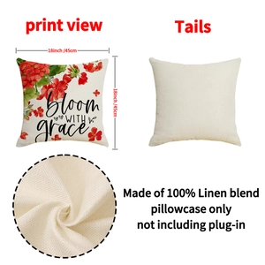 Linen blend throw pillow cover with red floral print and Bloom with Grace text detail