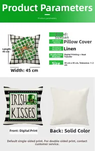 Detail of 45x45cm St. Patrick's Day linen pillow cover with green clover and Irish Kisses