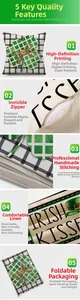 Detailed views of Irish St. Patrick's Day linen pillowcase with clover and plaid prints