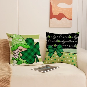 St. Patrick's Day gnome and lucky charm decorative green throw pillow covers on a cozy sofa