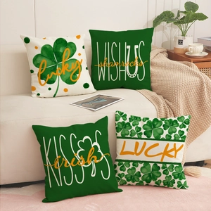 St Patrick's Day Linen Throw Pillow Cover Green Shamrock Clover Lucky Letters Decorative Cushion Case For Sofa Home Decor