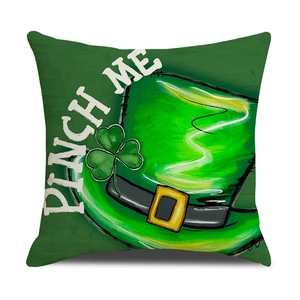 Linen St. Patrick's Day shamrock pillow cover with green hat and Pinch Me print