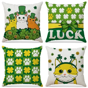 Detail of 4-pack St. Patrick's Day cat and clover print cushion covers in linen texture