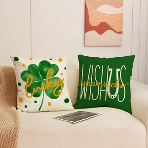 St. Patrick's Day cushion covers with lucky shamrocks on a cozy living room sofa