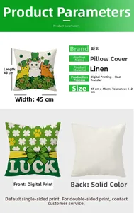 Linen 45x45cm St. Patrick's Day cushion cover showing Lucky cat design and back detail