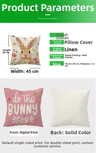 Linen Easter bunny pillow cover 45x45cm with digital print and solid reverse side