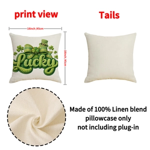 Linen St. Patrick's Day pillow cover with Lucky lettering and green shamrock patterns