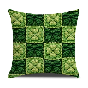 Saint Patrick's Day shamrock print throw pillow cover with green knit patterns