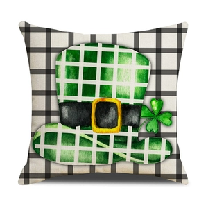 Square St. Patrick's Day pillow cover with green plaid hat and clover on white background