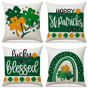 Set of 4 St. Patrick's Day linen pillow covers with green clover and rainbow patterns