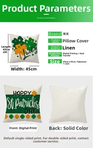 Detail of 45x45cm St. Patrick's Day linen pillowcase with Lucky clover digital printing