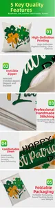 Detail of St. Patrick's Day linen pillowcase showing invisible zipper and clover print