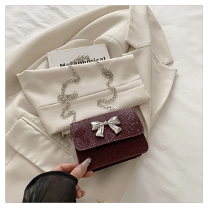 Detail of burgundy snakeskin crossbody bag with silver bow accent and chain strap