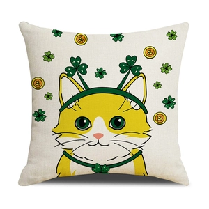 St. Patrick's Day cushion cover with cute cat and green clover print on linen fabric