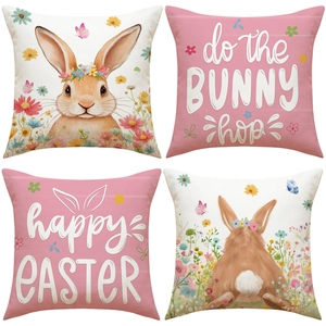 Set of 4 Easter bunny pillow covers with pink floral patterns and festive holiday greetings