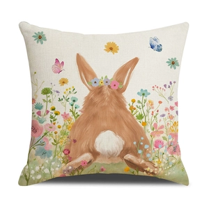 Pink Easter bunny cushion cover with floral crown and butterfly garden illustration