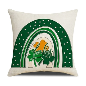 Linen St. Patrick's Day pillow cover with green Lucky shamrock and rainbow print