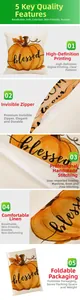 Detail of linen pillowcase with autumn pumpkin print and high-quality invisible zipper