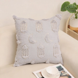 Housse de coussin en peluche grise avec broderie lune dorée sur un canapé