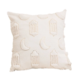 Housse de coussin en velours blanc avec broderie lune dorée et pompons pour le Ramadan