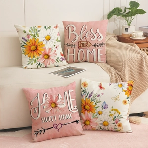 Pastoral Gänseblümchen Blume Schmetterling Druck Kissenbezug Leinenimitat Home Sweet Home Buchstabe Weich Polyester Quadrat Kissenhülle Sofa Deko