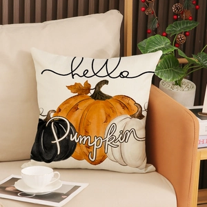 Linen fall pillow cover with hello pumpkin print and orange pumpkins for sofa decor