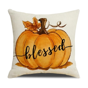 Linen autumn pumpkin pillow cover with black 'blessed' text for Thanksgiving decor