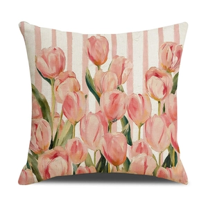 Linen decorative pillowcase with pink tulip print and striped pattern for sofa decor