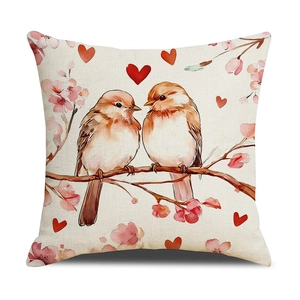Linen cushion cover with watercolor birds and cherry blossom floral spring home decor