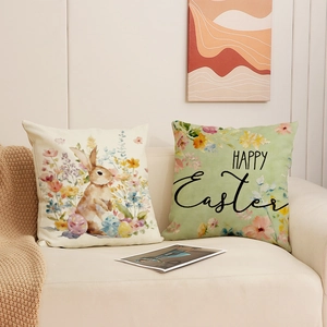 Fundas de cojín de lino de Pascua con conejitos en acuarela y estampados florales