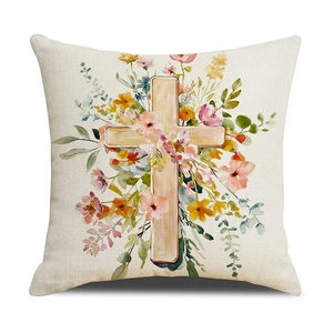 Funda de cojín de Pascua en lino con cruz de madera y diseño floral de acuarela