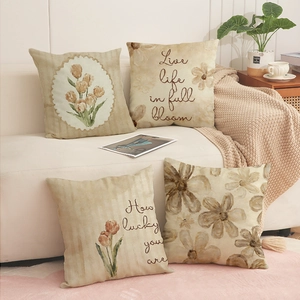 Vierer-Set Vintage-Kissenbezüge aus Leinen mit Blumenmotiven und Sprüchen für Deko